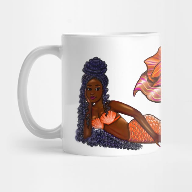 Cute Mermaid in Orange with long Afro hair in dreadlocks ocean sea life Melanin queen African American mermaids by Artonmytee